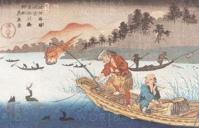 岐阻路ノ駅 河渡 長柄川鵜飼船 渓斎英泉 画  天保6～7年（1835～36）頃 岐阜市歴史博物館蔵