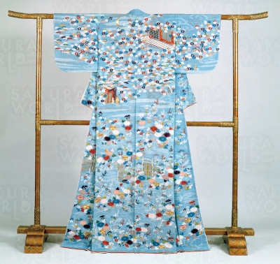 中色縮緬地御所解文小袖 矩姫（尾張家14代慶勝正室）着用 徳川美術館蔵