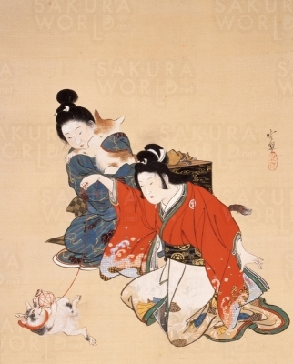 河鍋暁翠《猫と遊ぶ二美人》 河鍋暁翠記念美術館所蔵