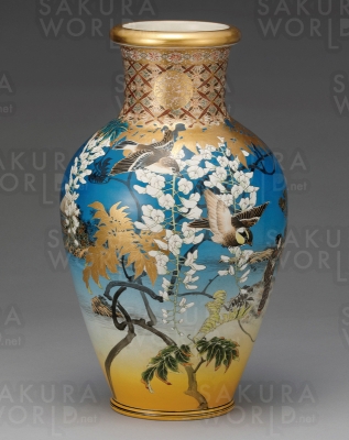 帯山与兵衛「上絵金彩花鳥図花瓶」明治時代中期